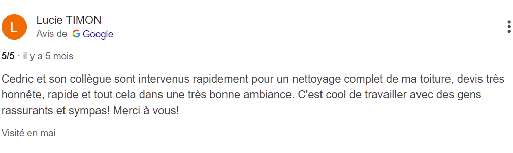 Avis client satisfait - Ced A Tout Faire nettoyage toiture Rochefort
